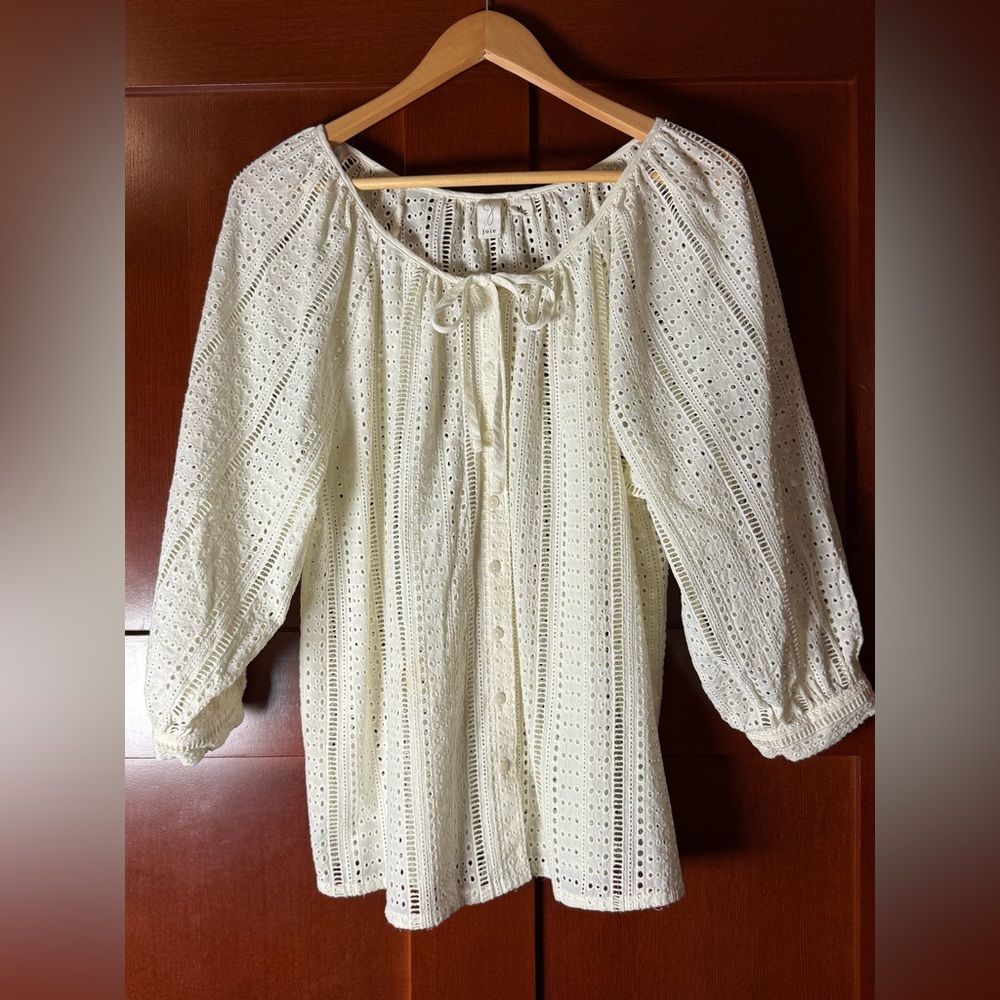 Joie Cream Eyelet Blouse With 3/4 Sleeves Size Large